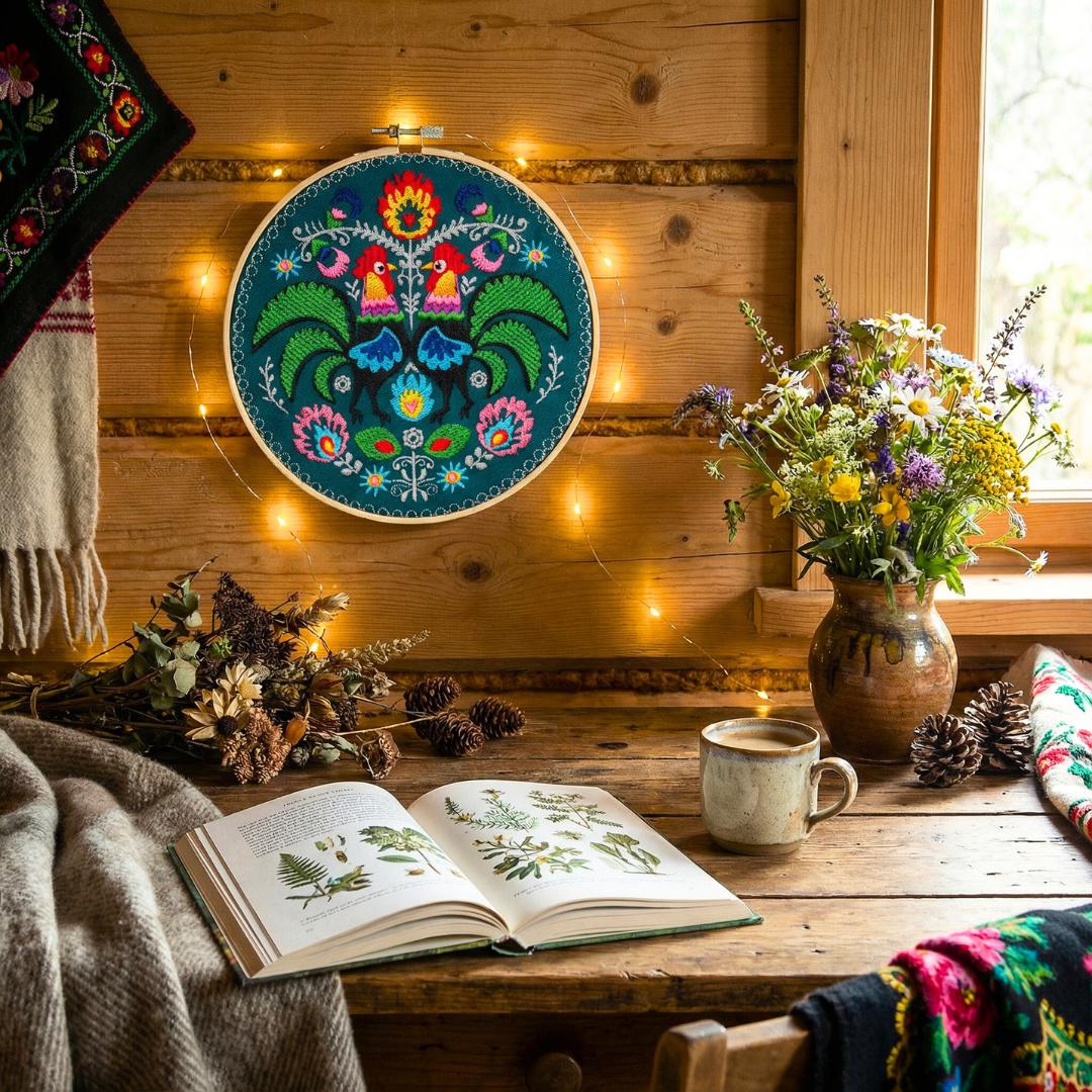 Koguty łowickie – zielony, haft w tamborku 20 cm