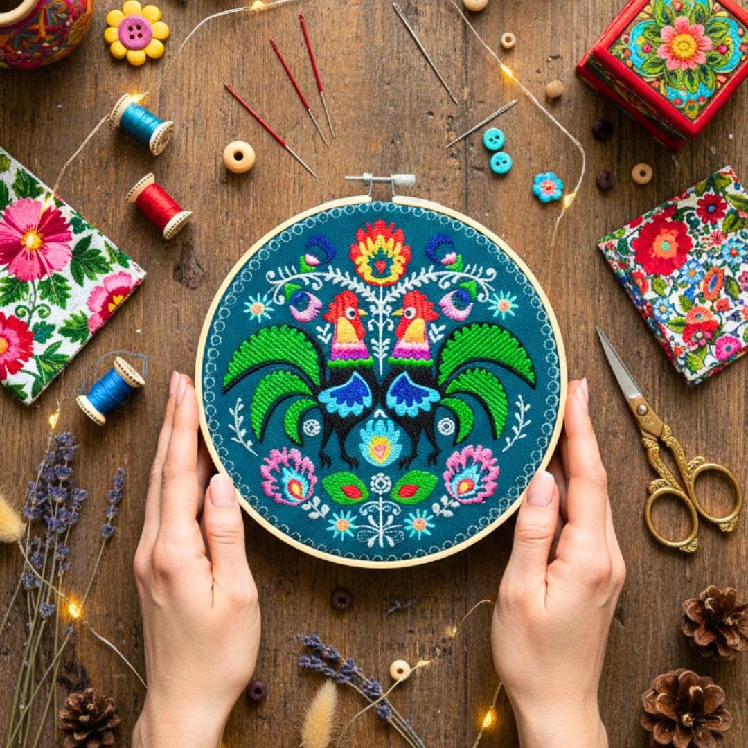 Koguty łowickie – zielony, haft w tamborku 20 cm