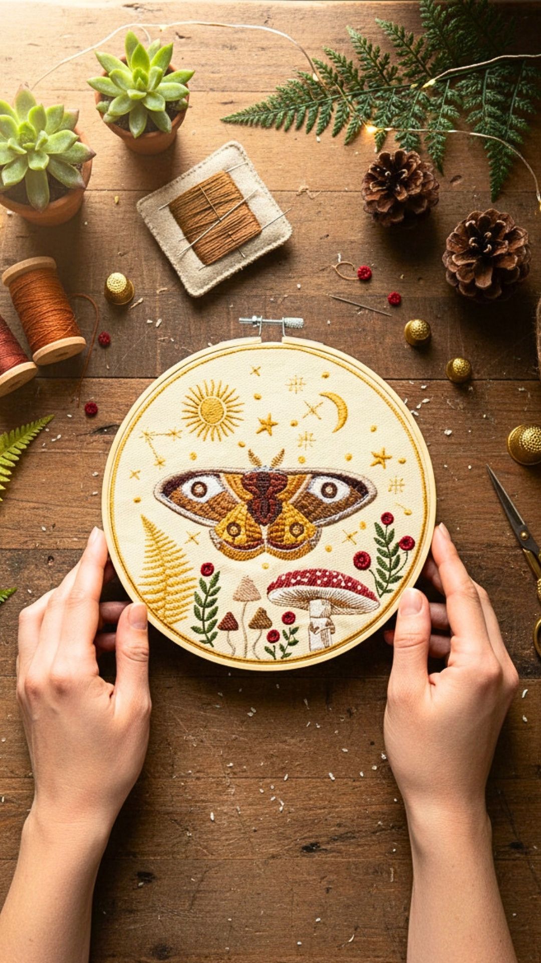 Haft w tamborku, magiczna ćma na tle nieba