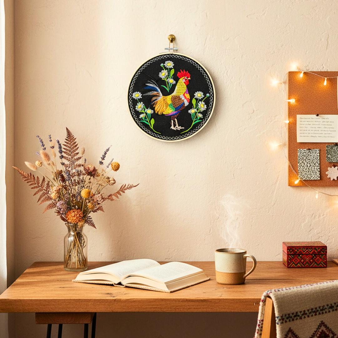 Kogut w stokrotkach – czarne tło, haft w tamborku 20 cm