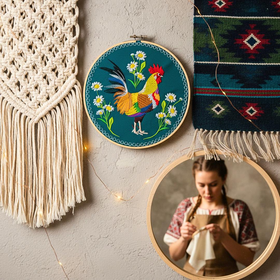 Kogut w stokrotkach – zielone tło, haft w tamborku 20 cm