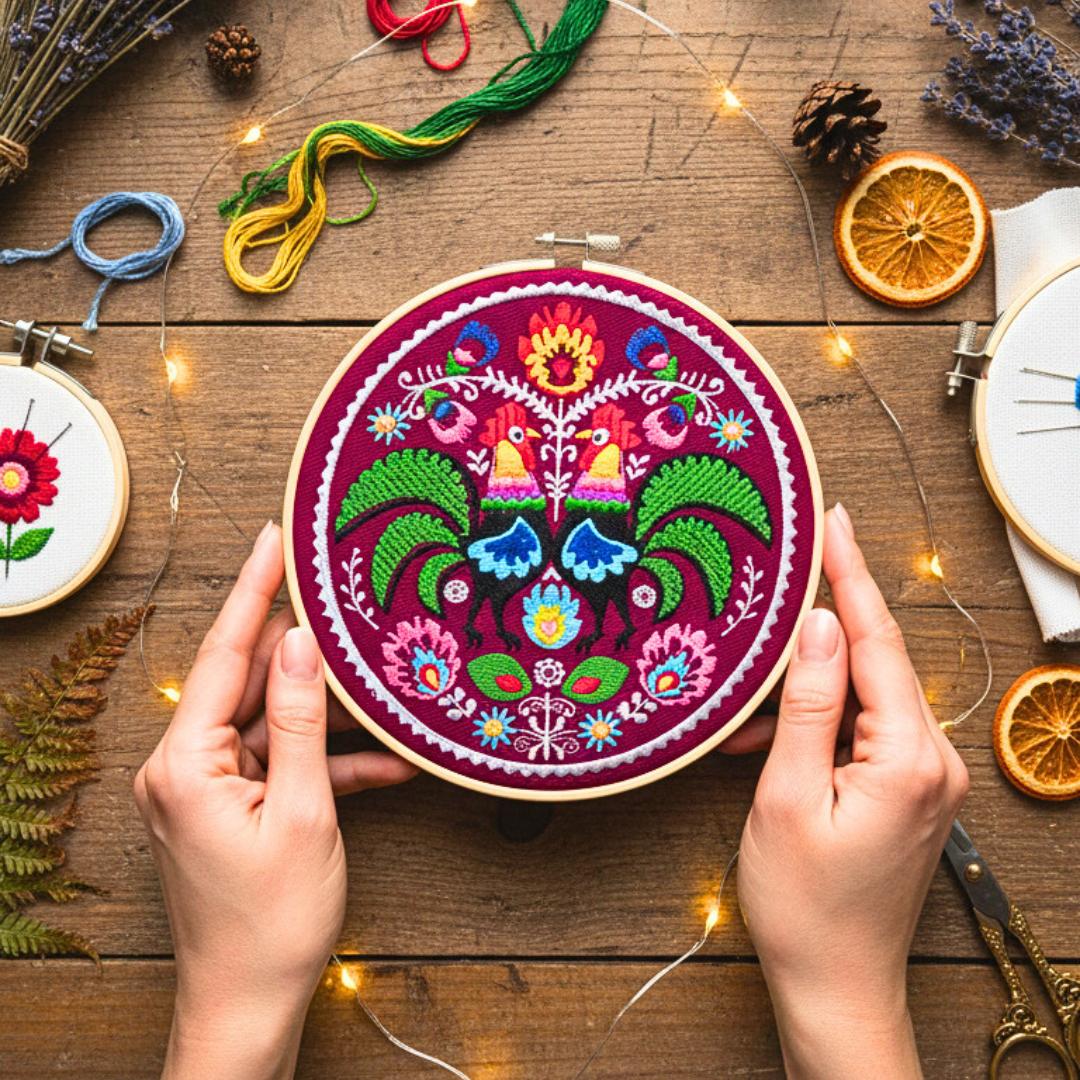 Koguty łowickie – bordo, haft w tamborku 20 cm