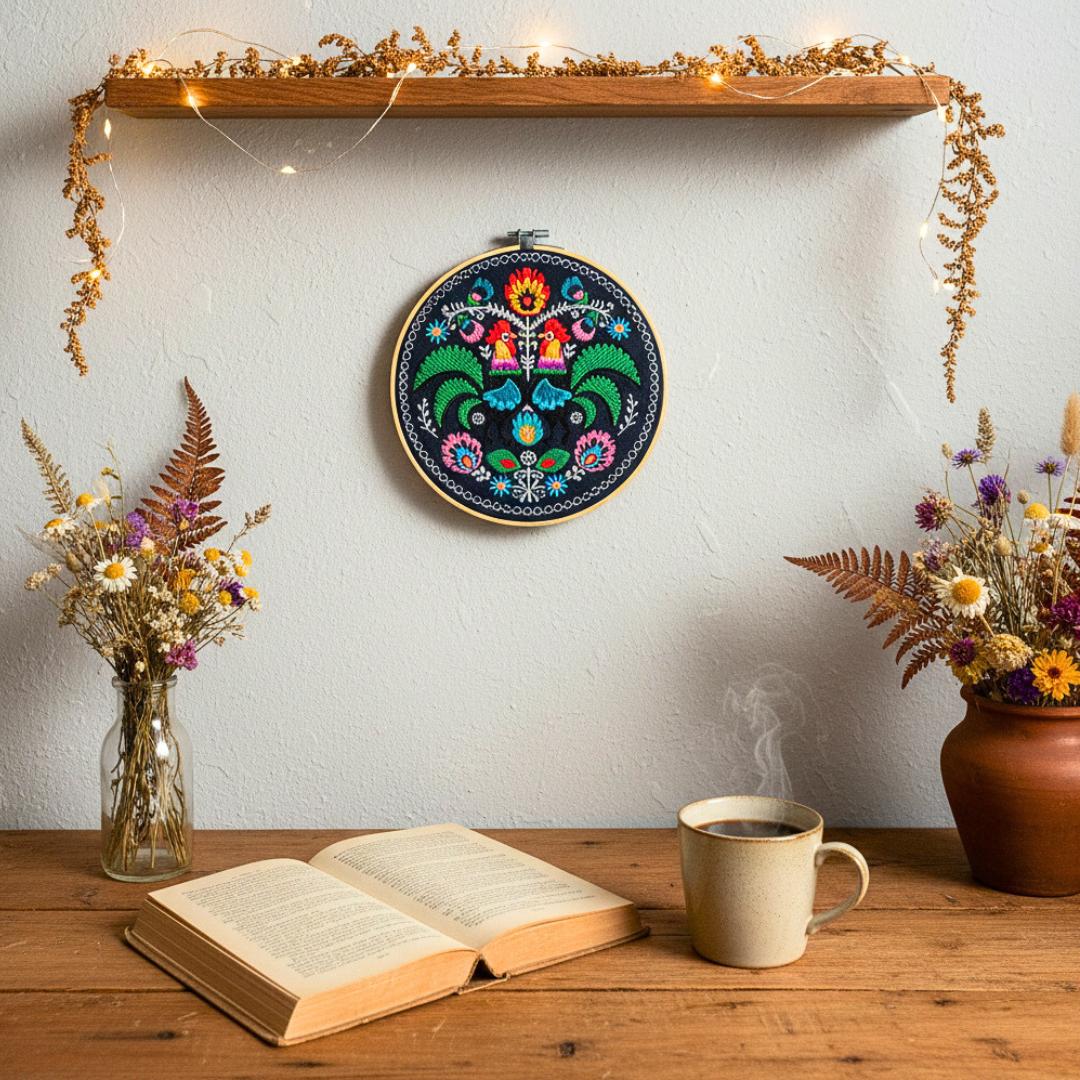 Koguty łowickie – granatowy, haft w tamborku 20 cm