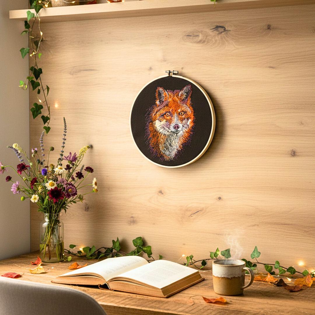 haftowany lis w tamborku