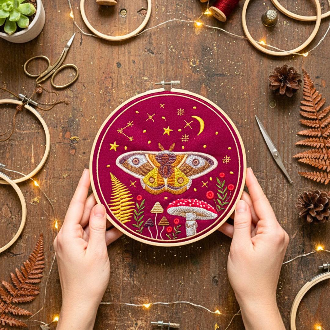 Magiczna ćma na nocnym niebie -bordo, haft w tamborku 20 cm