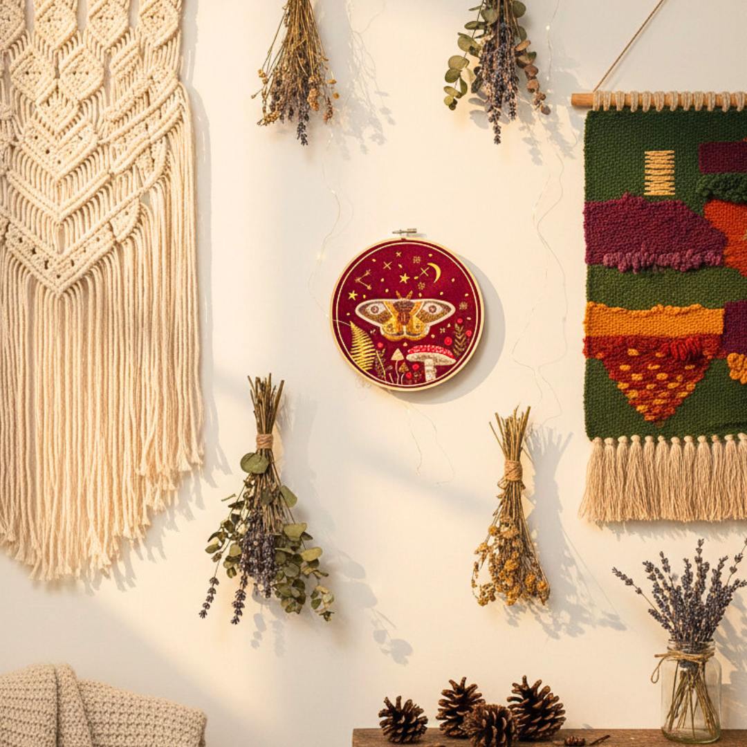 Haft w tamborku, magiczna ćma na tle nieba