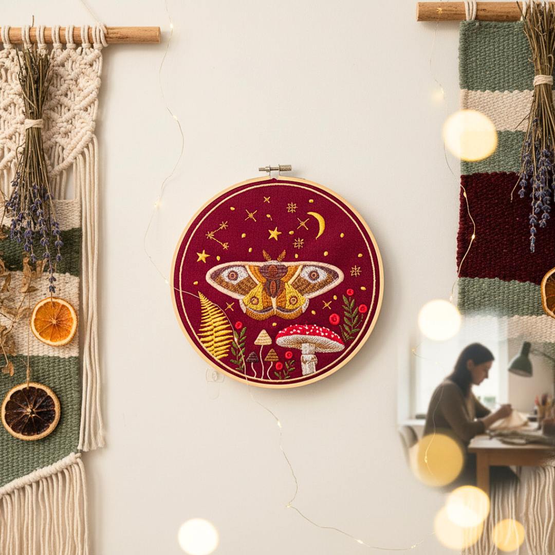 Haft w tamborku, magiczna ćma na tle nieba