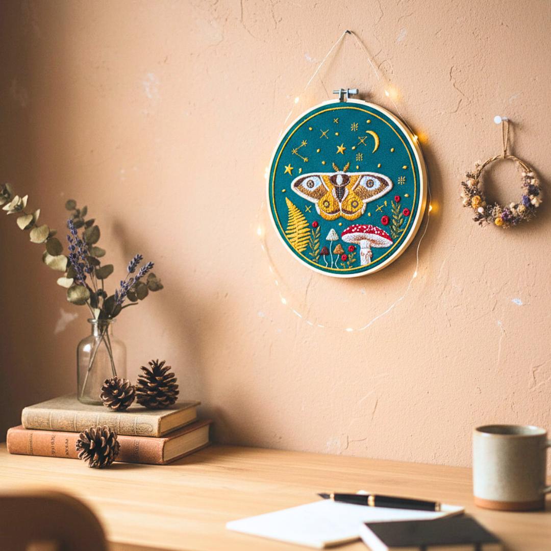 Haft w tamborku, magiczna ćma na tle nieba