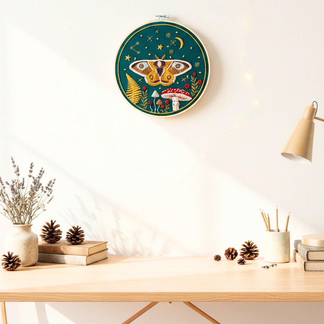 Haft w tamborku, magiczna ćma na tle nieba