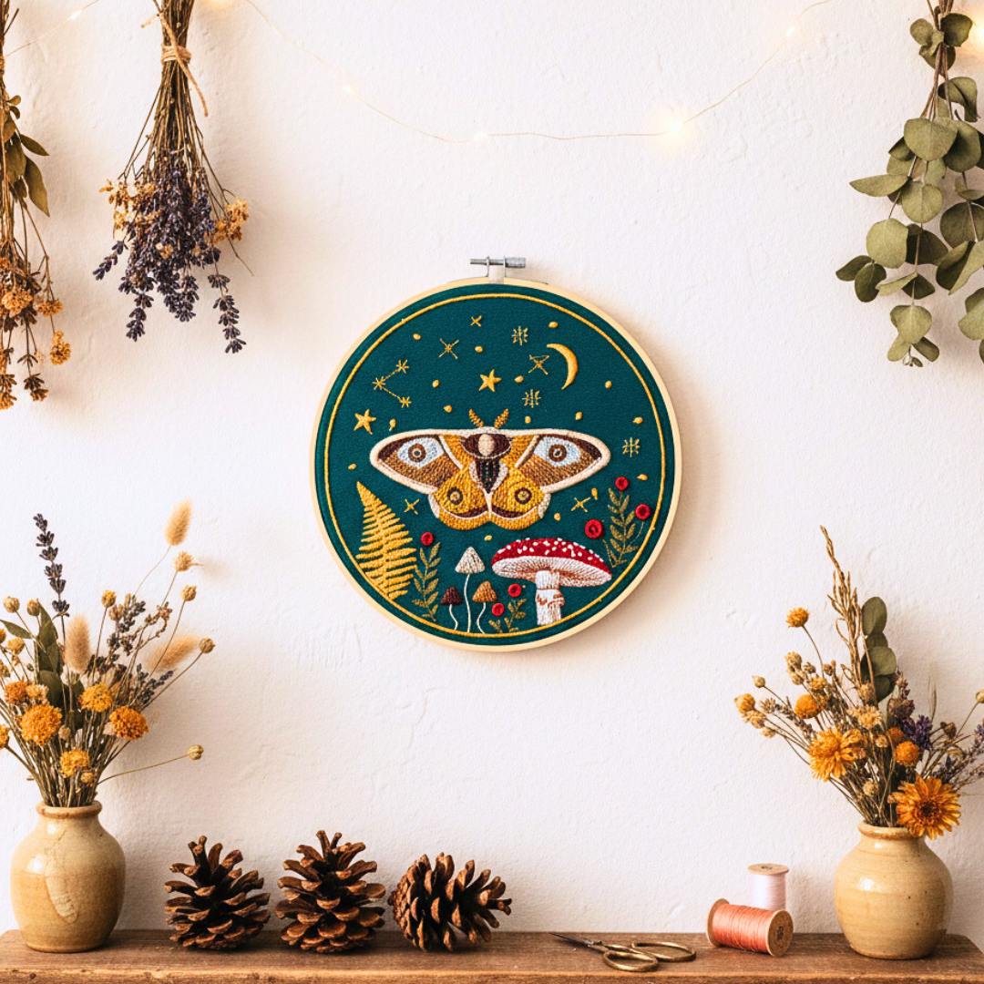 Magiczna ćma na nocnym niebie – zielone tło, haft w tamborku 20 cm