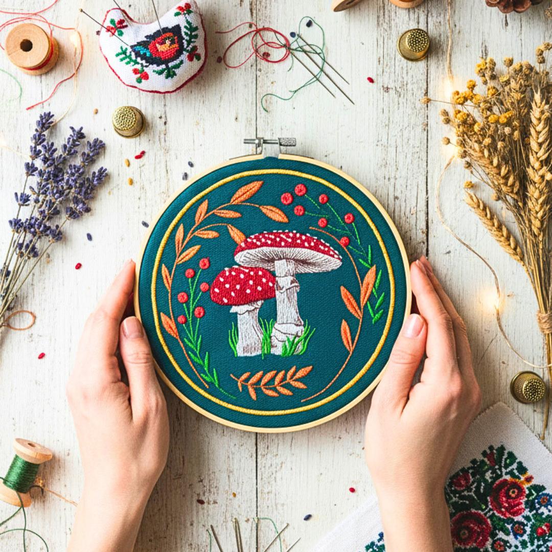 Muchomory – zielone tło, haft w tamborku 20 cm