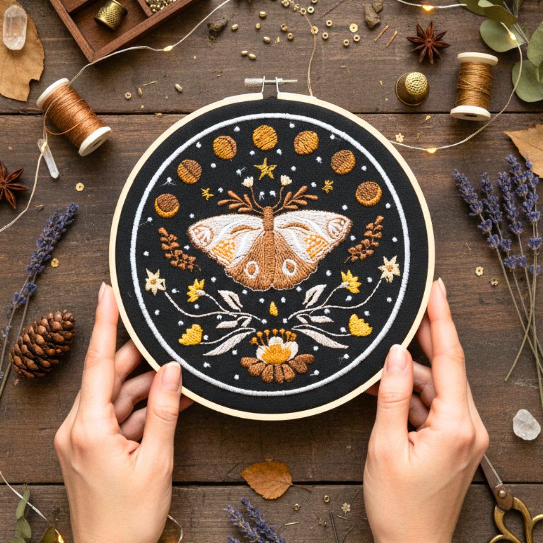 Nocna ćma – fazy księżyca, haft w tamborku 20 cm