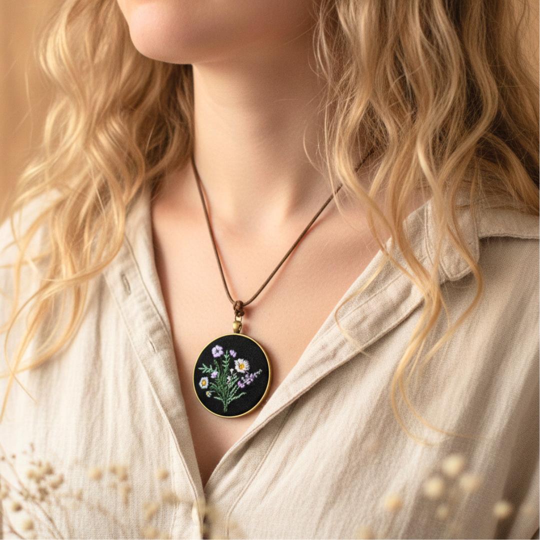 Haftowany wisiorek, haftowany naszyjnik, haftowana biżuteria, haftowane kwiaty