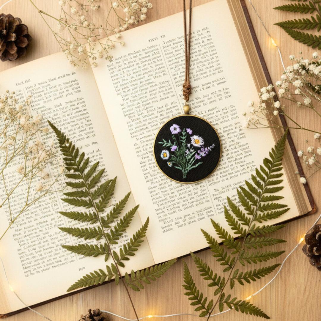 Haftowany wisiorek, haftowany naszyjnik, haftowana biżuteria, haftowane kwiaty