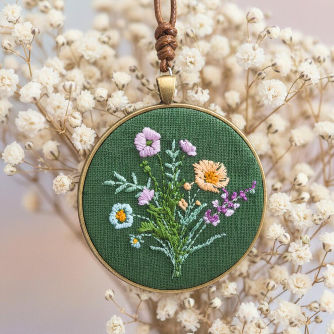 Haftowany wisiorek, haftowany naszyjnik, haftowana biżuteria, haftowane kwiaty