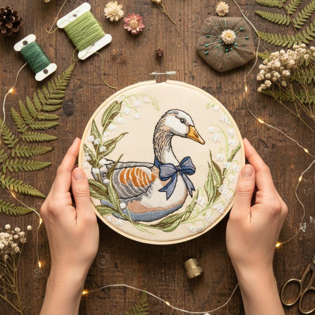 Gęś w konwaliach - haft w tamborku 20 cm
