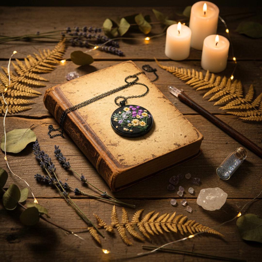 Haftowany wisiorek, haftowany naszyjnik, haftowana biżuteria, haftowane kwiaty