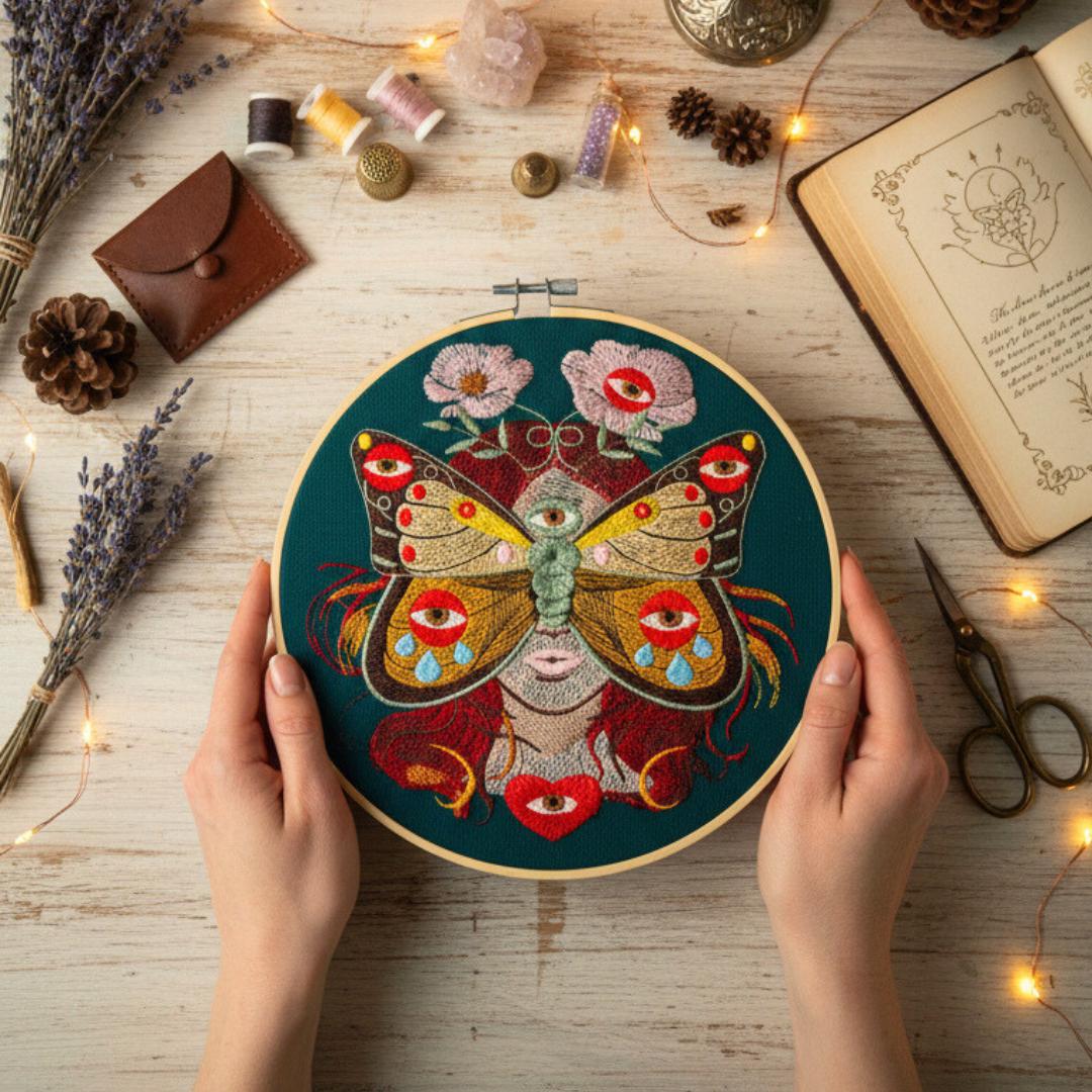 Madame Butterfly green, haft w tamborku 20 cm