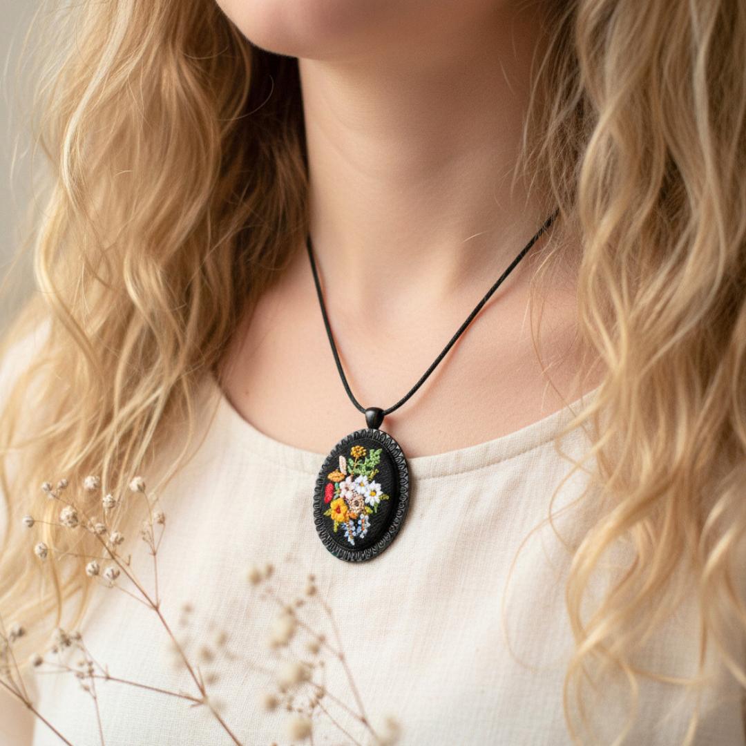 Moira Black – haftowany wisiorek, owal 5 cm x 4 cm