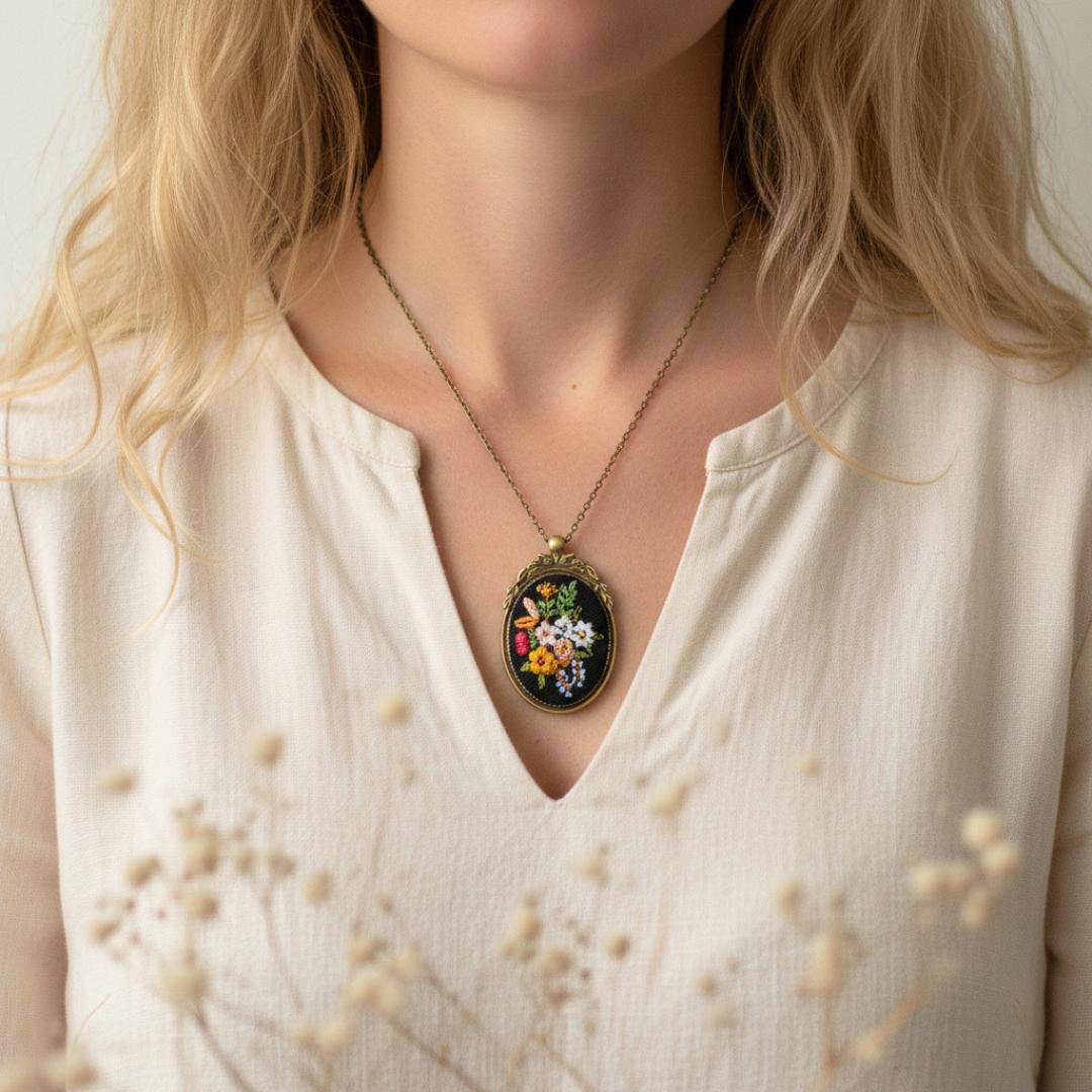 Moira Black – haftowany wisiorek, owal 5 cm x 3,3 cm