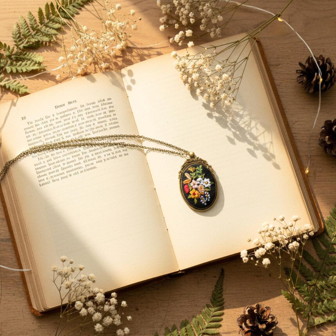 Haftowany wisiorek, haftowany naszyjnik, haftowana biżuteria, haftowane kwiaty