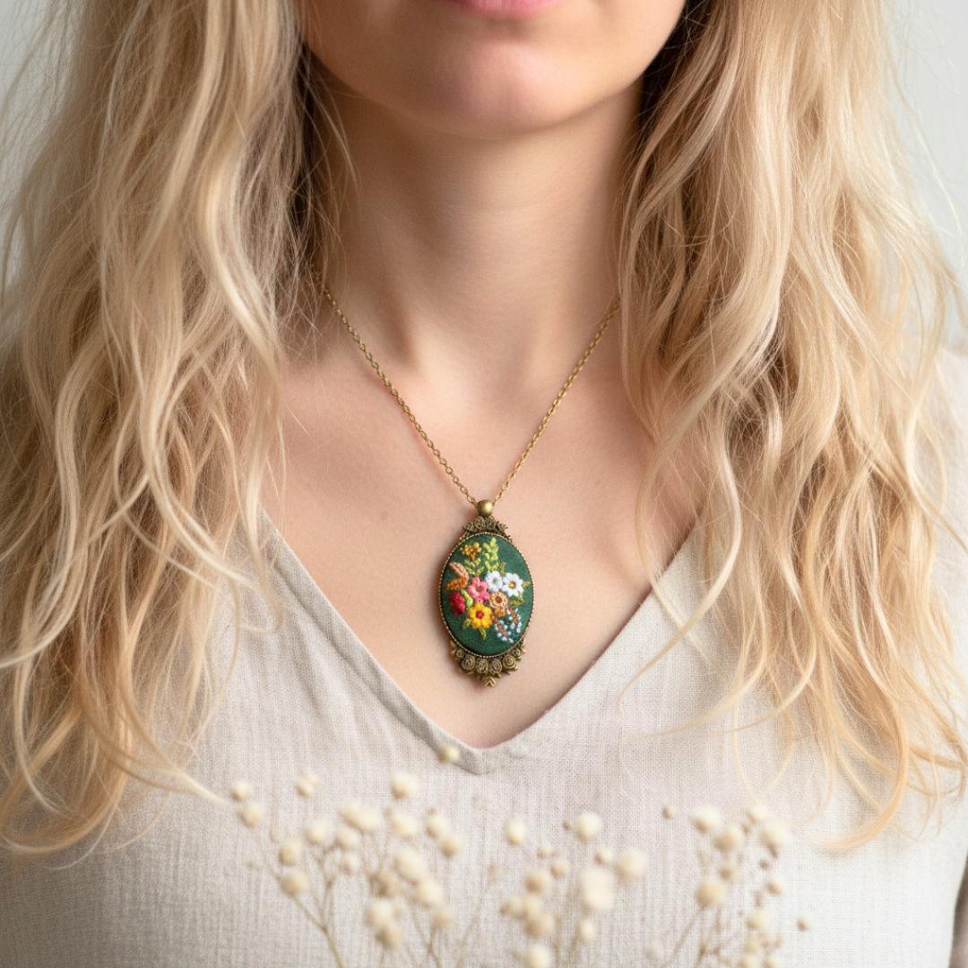 Moira Forest Green – haftowany wisiorek, owal 5 cm x 3,3 cm