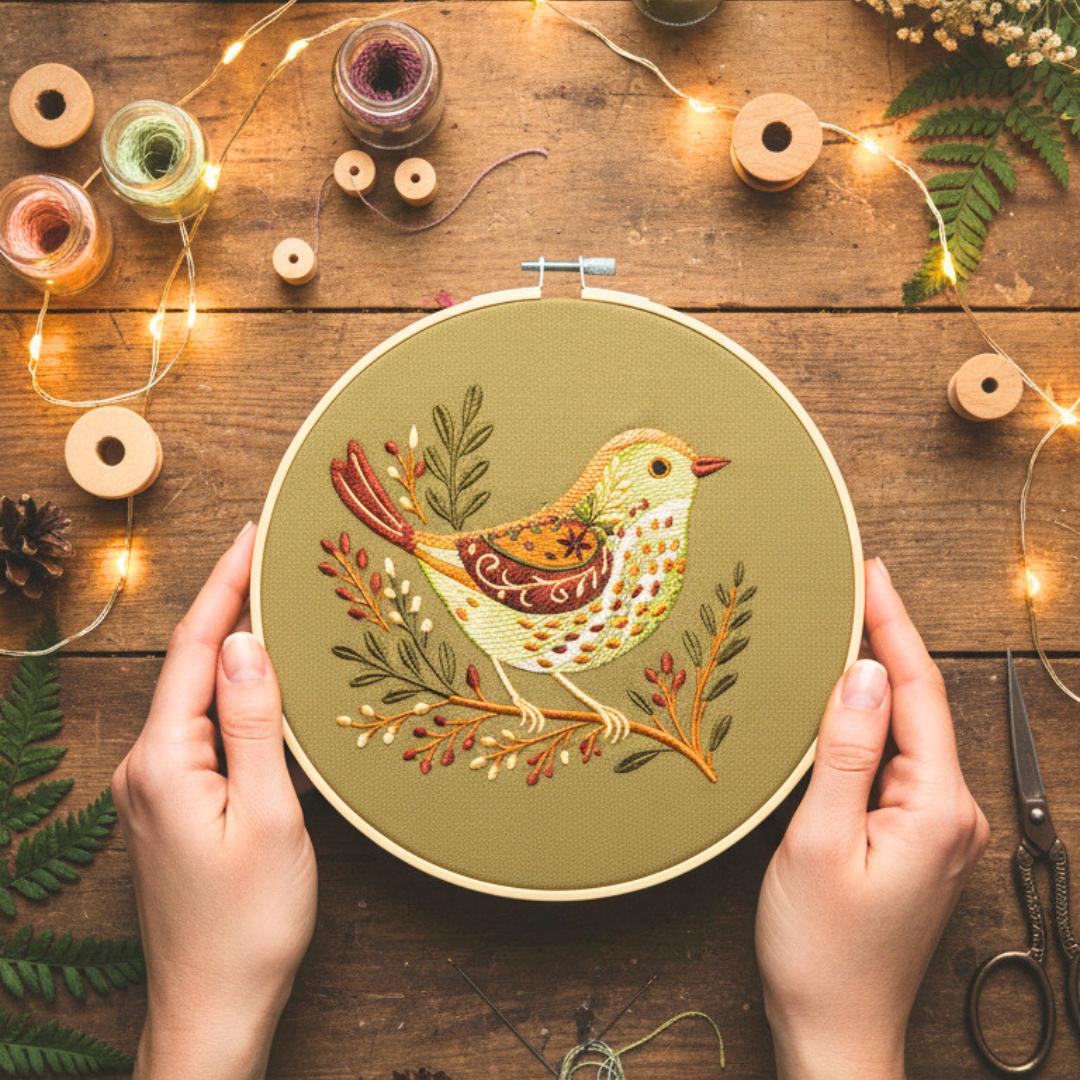 Ptaszek folk - haft w tamborku 20 cm