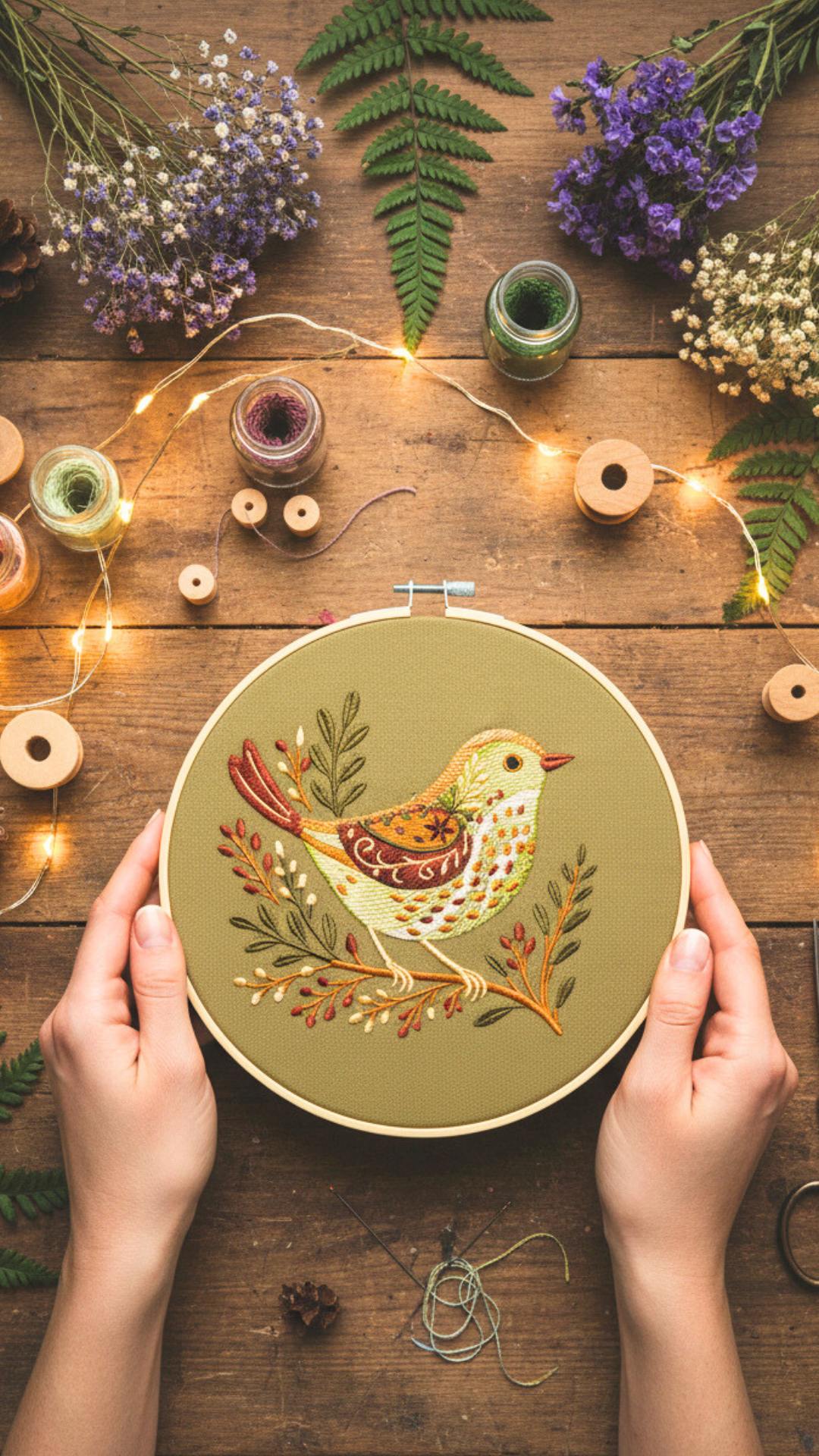 Ptaszek folk - haft w tamborku 20 cm