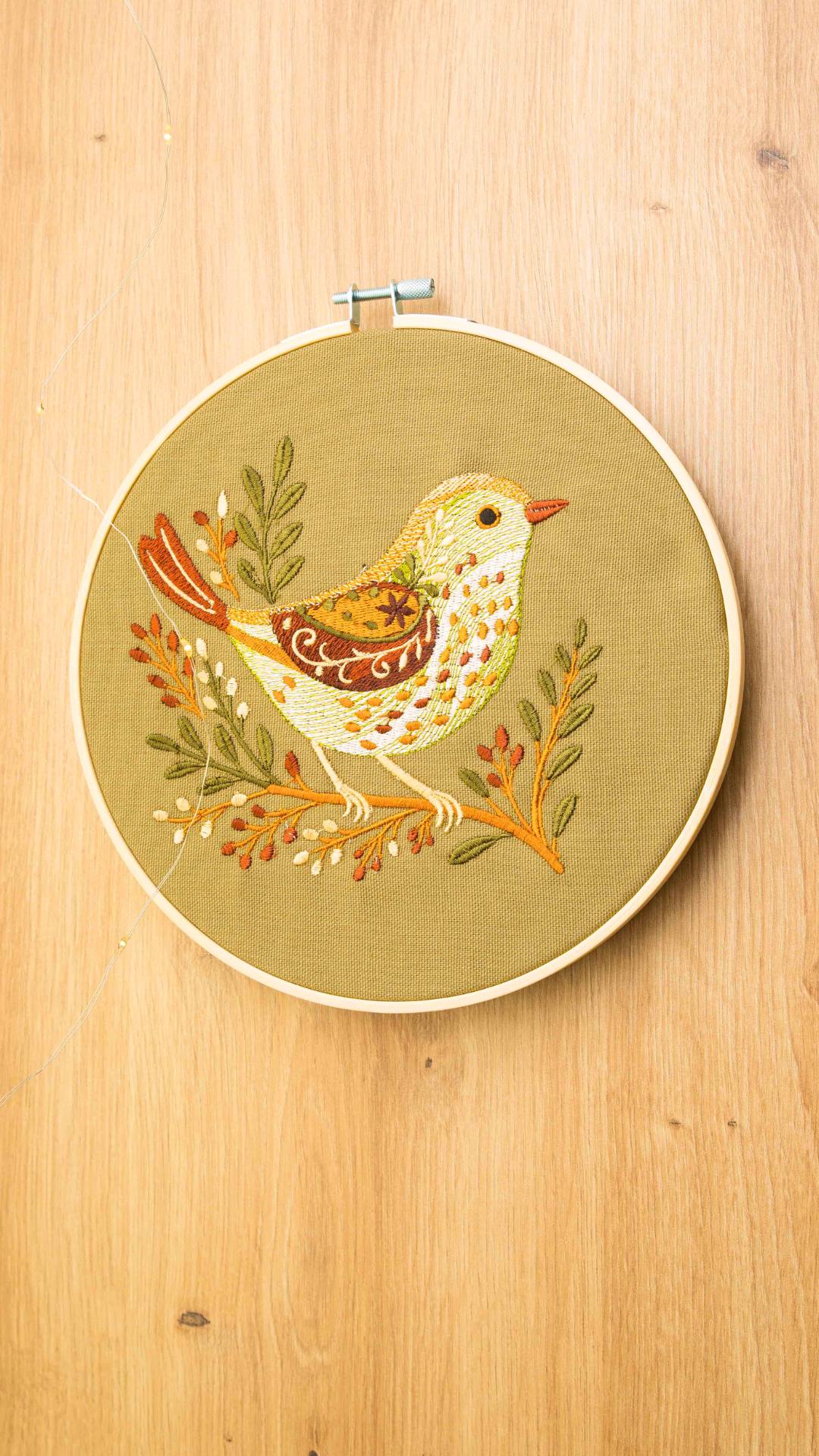 Ptaszek folk - haft w tamborku 20 cm