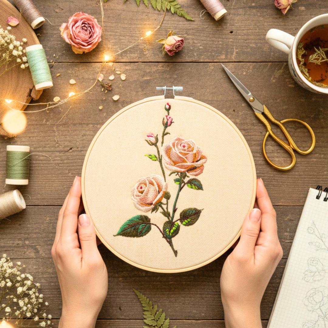 Róże ecru – haft w tamborku 20 cm