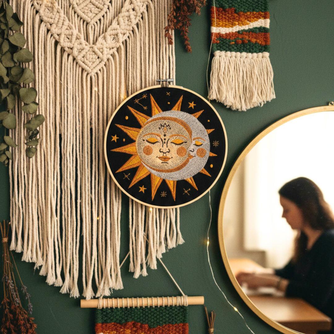 Słońce i księżyc, haft w tamborku 20 cm