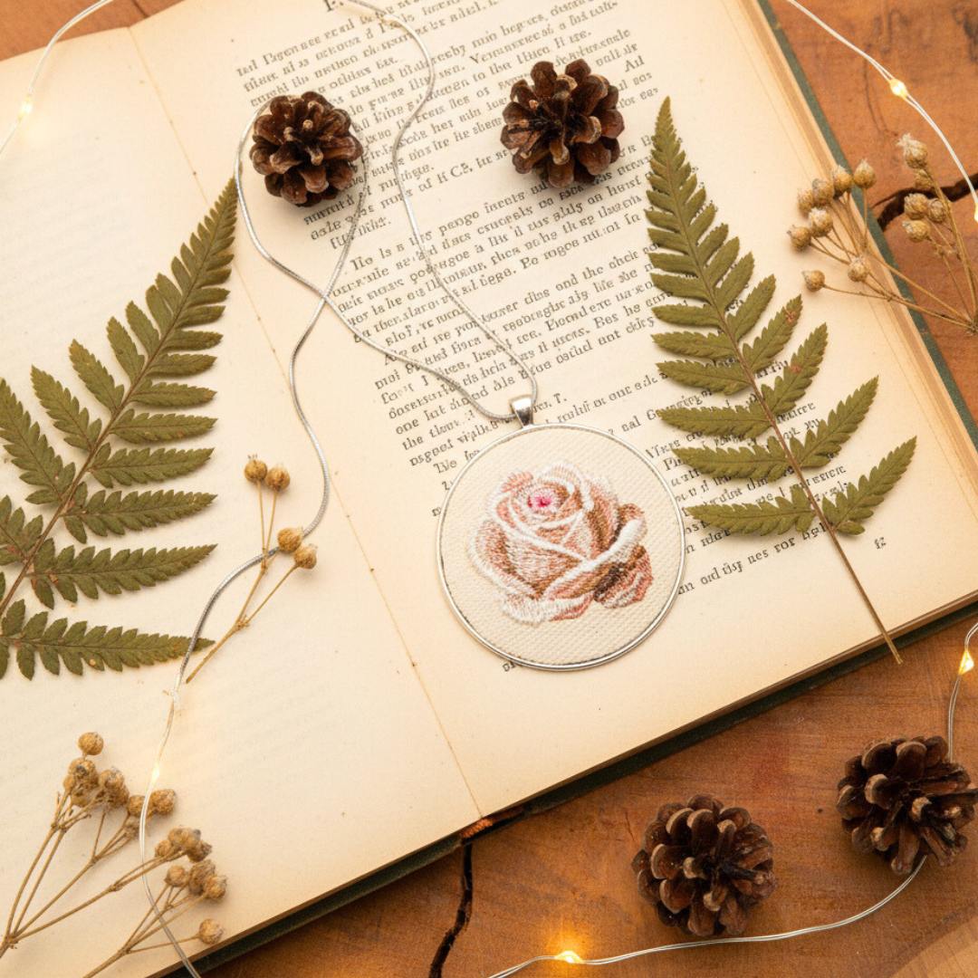 Haftowany wisiorek, haftowany naszyjnik, haftowana biżuteria, haftowane kwiaty