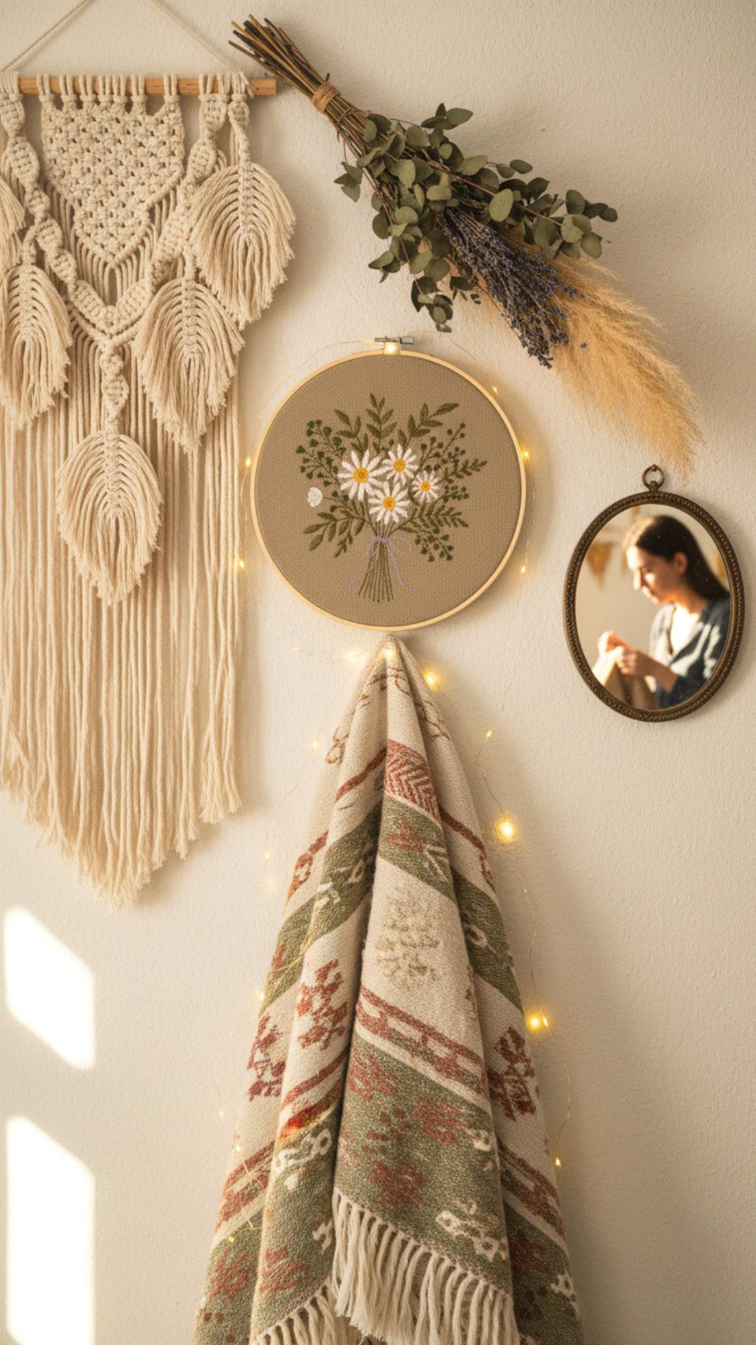 Bukiet stokrotek, beż, haft w tamborku 20 cm