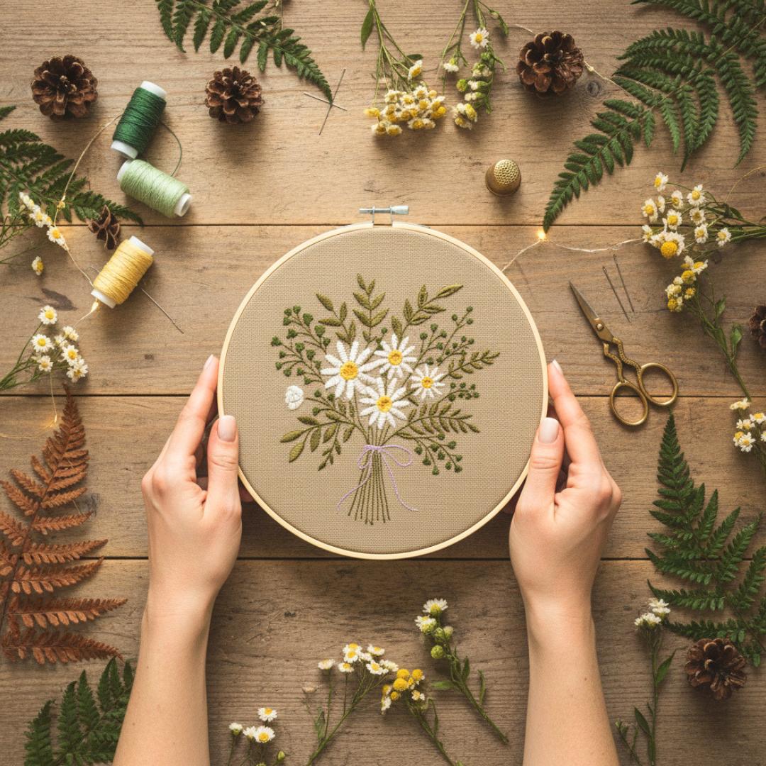 Bukiet stokrotek, beż, haft w tamborku 20 cm