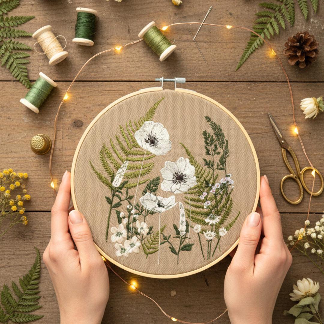 Dzika łąka, białe maki, paprocie, beż, haft w tamborku 20 cm