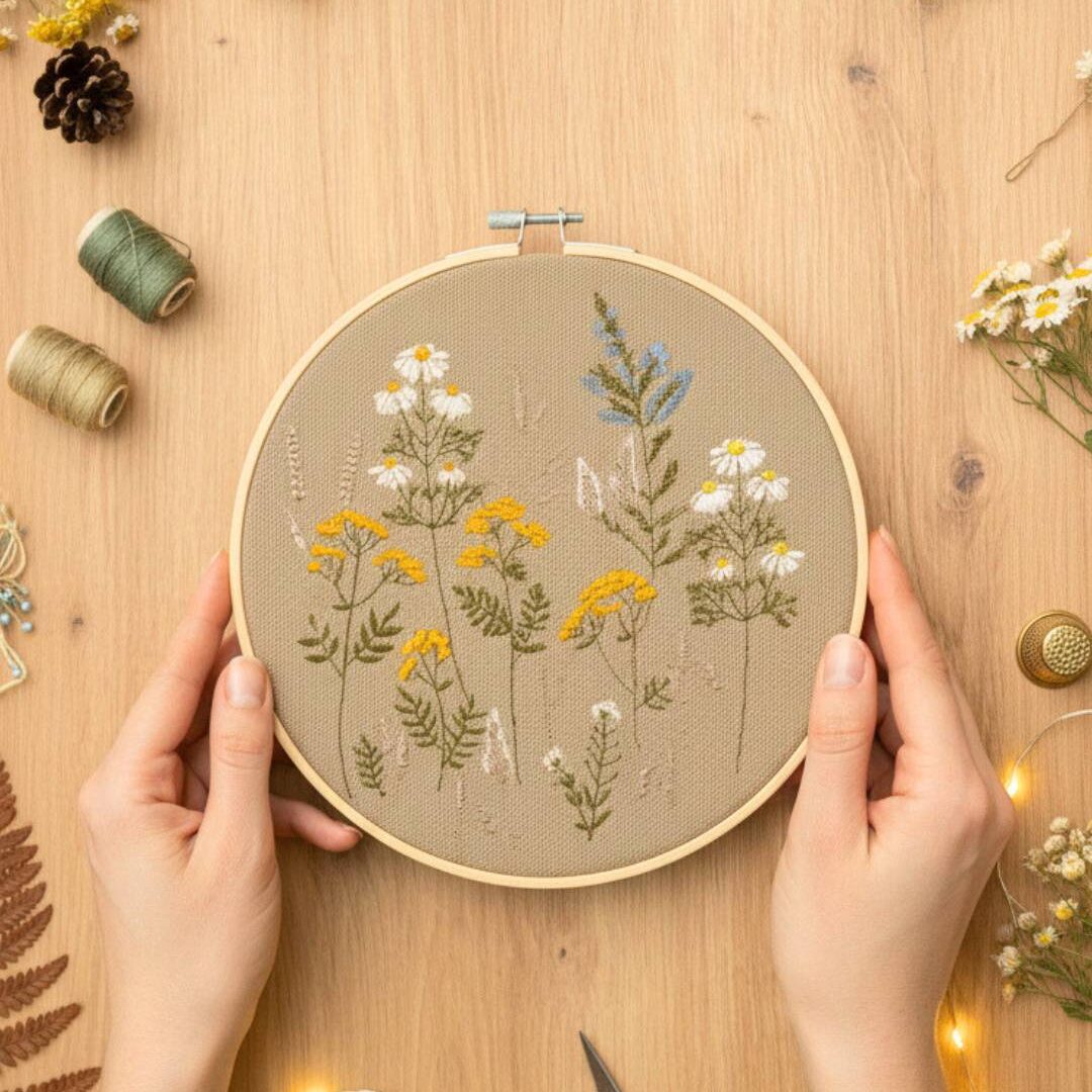 Polna łąka, ogród botaniczny, beż, haft w tamborku 20 cm