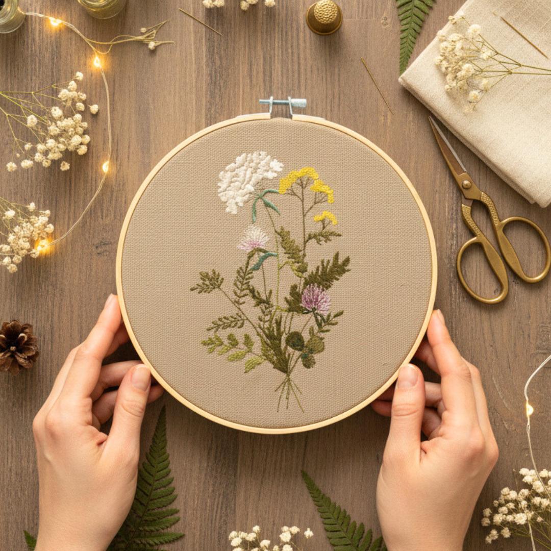 Polny bukiet Bella, beż, botaniczny haft w tamborku 20 cm