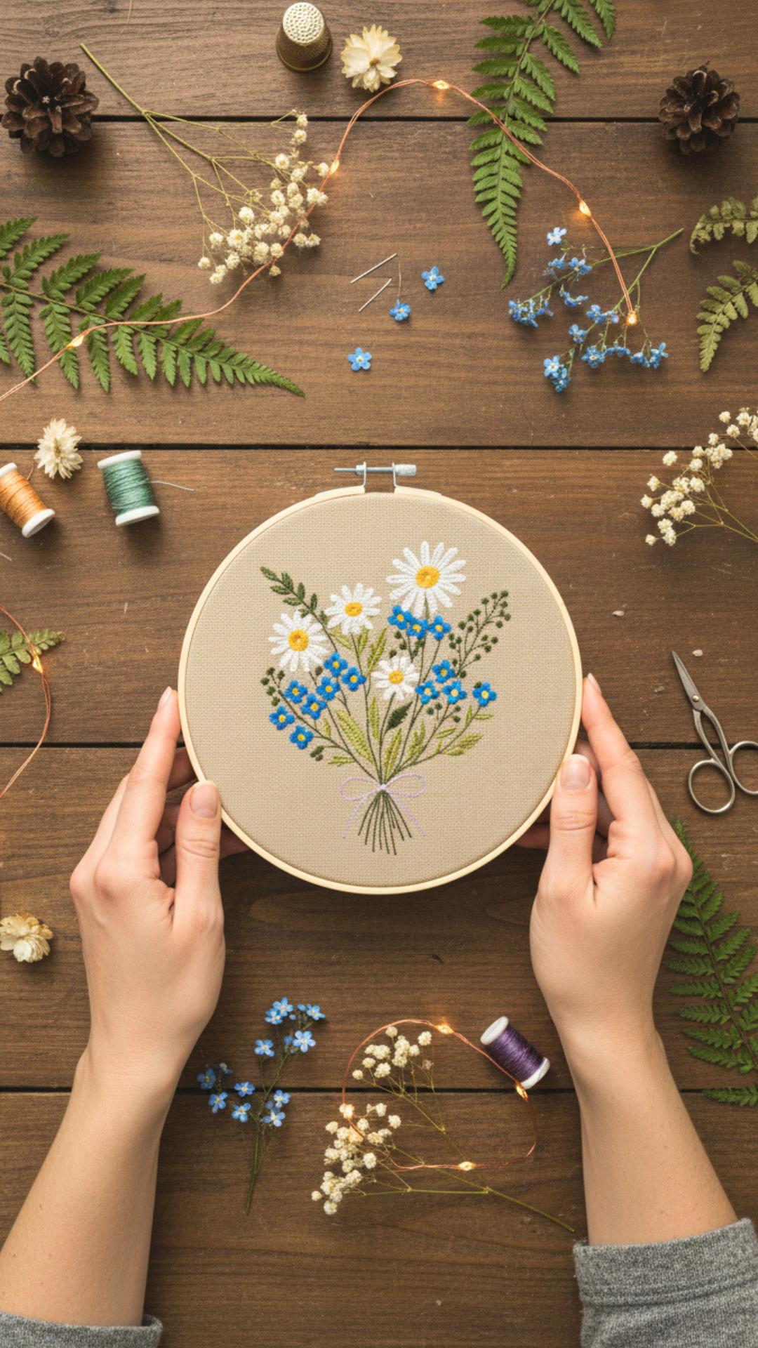 Stokrotki i niezapominajki, beż, haft w tamborku 20 cm