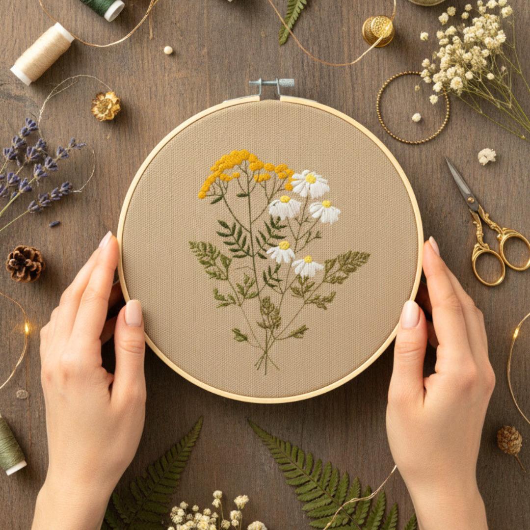 Wrotycz i rumianek, beż, botaniczny haft w tamborku 20 cm