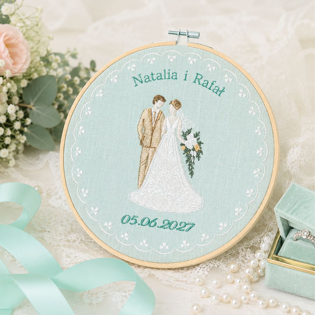 Haft ślubny w tamborku 20 cm, indywidualna dedykacja 25
