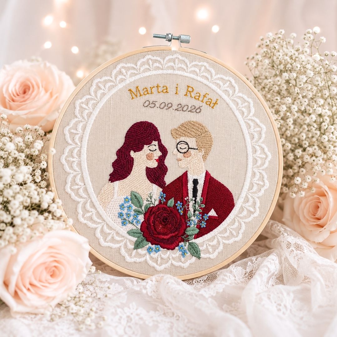Haft ślubny w tamborku 20 cm, indywidualna dedykacja 30