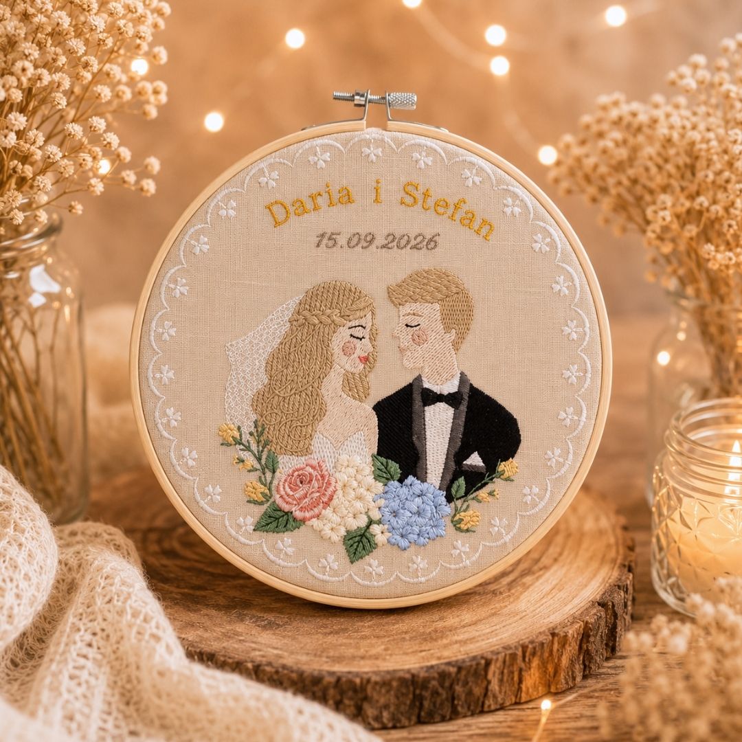 Haft ślubny w tamborku 20 cm, indywidualna pamiątka ślubna 31