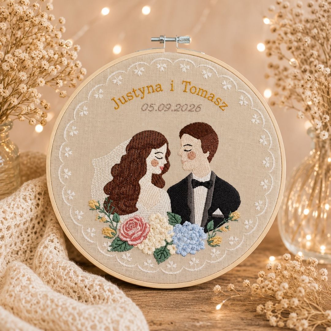 Haft ślubny w tamborku 20 cm, indywidualna pamiątka ślubna 32