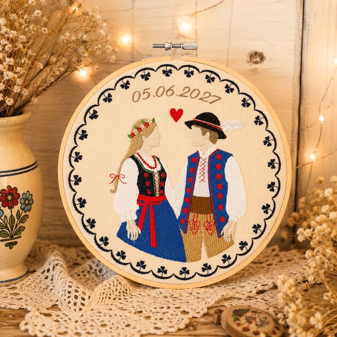 Personalizowana pamiątka ślubna/zaręczynowa, Para Góralska,haft w oprawie o średnicy ok 20 cm