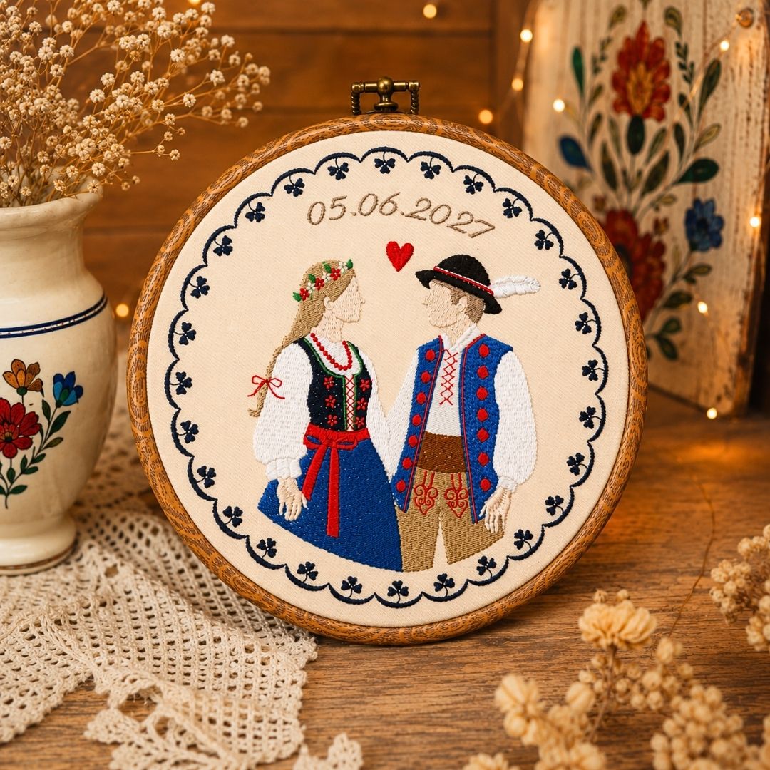 Personalizowana pamiątka ślubna/zaręczynowa, Para Góralska,haft w oprawie o średnicy ok 20 cm
