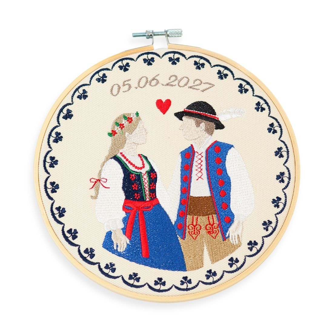 Personalizowana pamiątka ślubna/zaręczynowa, Para Góralska,haft w oprawie o średnicy ok 20 cm