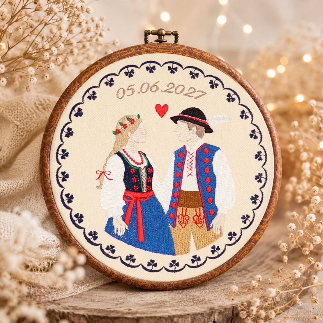 Personalizowana pamiątka ślubna/zaręczynowa, Para Góralska,haft w oprawie o średnicy ok 20 cm