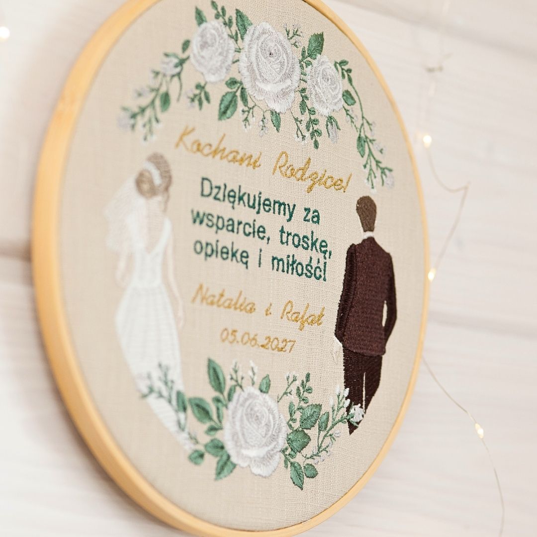 Podziękowania ślubne dla Rodziców, haft w tamborku 23 cm