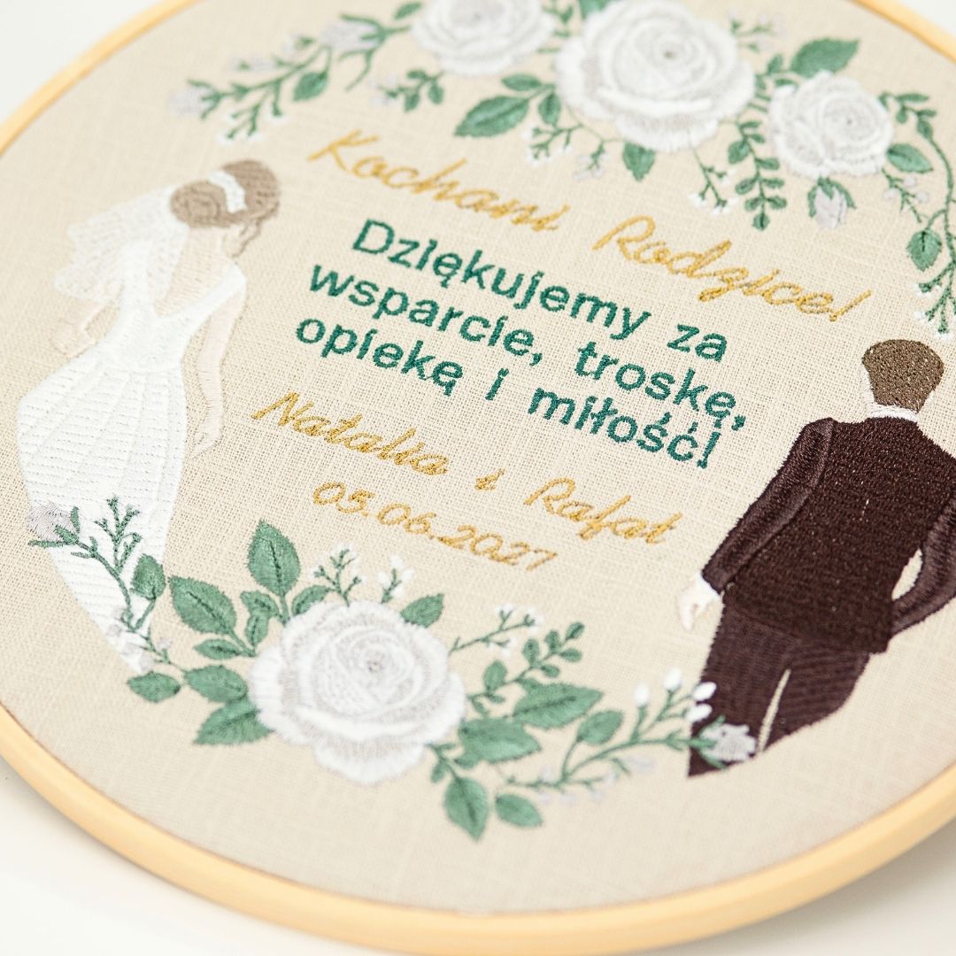 Podziękowania ślubne dla Rodziców, haft w tamborku 23 cm