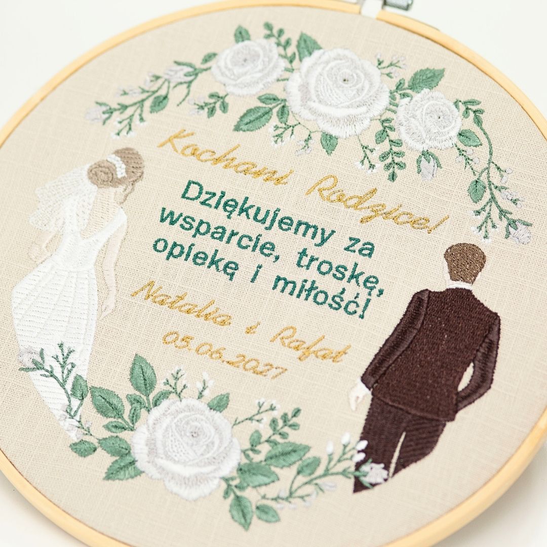 Podziękowania ślubne dla Rodziców, haft w tamborku 23 cm